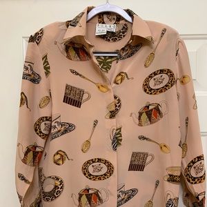 Piano Vintage 100% Silk Blouse Tea Pot Theme Small